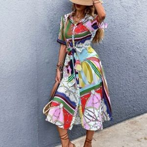 Chain Print Belted Button Up Shirt Dress